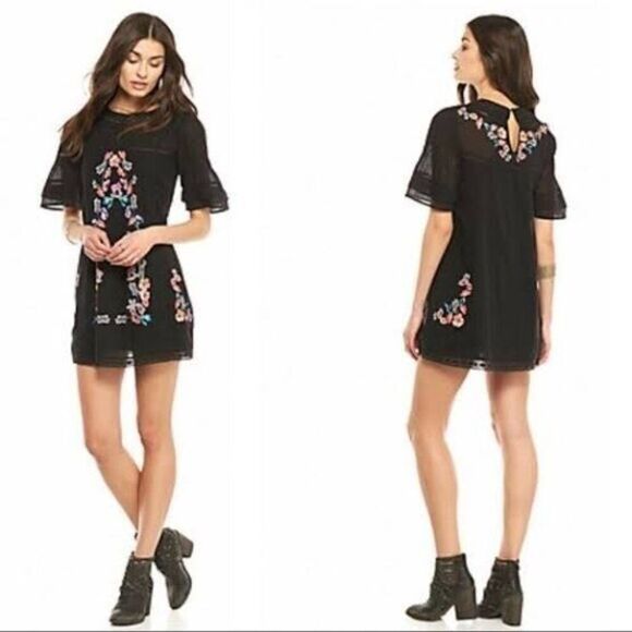 Free People Black Embroidered Lace Gauzy Mini Dress Perfectly Victorian S Boho - Picture 1 of 11